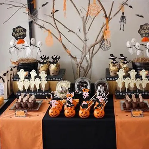 Vista 4 de Paquete de 24 adornos para cupcakes de Halloween con purpurina rosa, fantasma, pequeño abucheo, murciélago, bruja, gato, calabaza, magdalena
