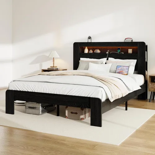 Vista 8 de Marco de cama matrimonial con almacenamiento de cabecero, marco de cama de plataforma de madera con estantería y estantes, estación de carga y luces