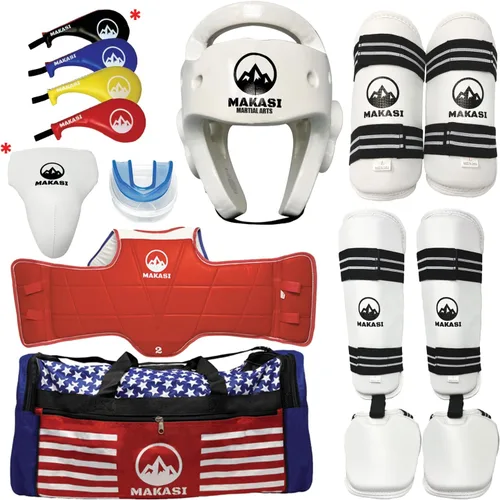 Vista 8 de Artes marciales Taekwondo Sparring Gear Equipo Set Headgear Shin Instep Brazo Pecho Bolsa de protección bucal Azul