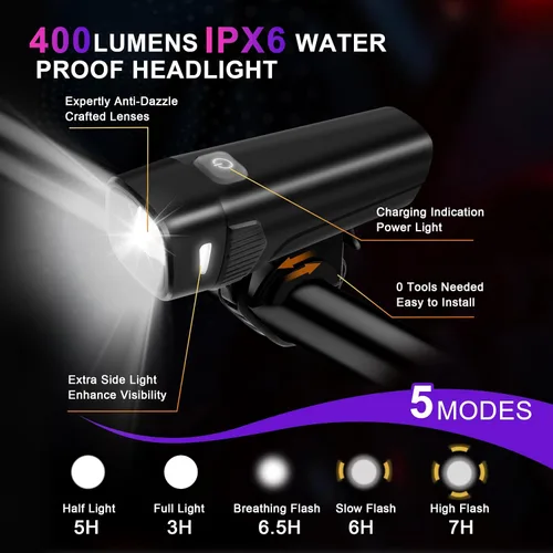 Vista 4 de 400LM USB Rechargeable Bike Light Set, Front Headlight & Rear Taillight, 5 Lighting Modes, Waterproof Safety Cycling Lights for Road Mountain Bikes