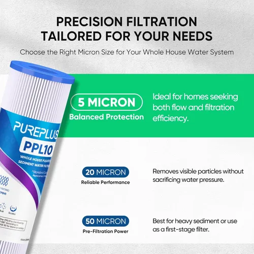 Vista 6 de PUREPLUS Filtro de sedimento plisado para toda la casa de 5 micras de 10 x 2.5 pulgadas para agua de pozo, cartucho de repuesto para sistema