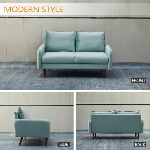 Vista 4 de INSTORY Sofá de dos plazas de terciopelo Sofá moderno de mediados de siglo con patas de madera para sala de estar - Cian