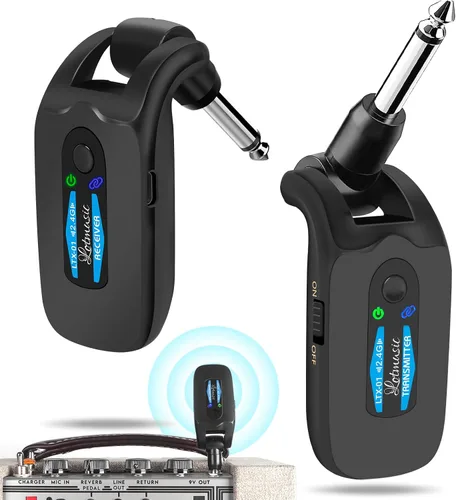 Vista 2 de Sistema de guitarra inalámbrica de 2.4 GHZ, receptor transmisor de guitarra digital inalámbrico recargable con 4 canales y más de 10 horas de Azul