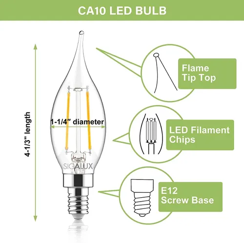 Vista 6 de Sigalux Bombillas LED de candelabro regulables, E12 40 W CA10, vela de punta de llama, luz diurna de 5000 K, LED E12 de 300 lm para candelabros