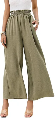 Vista 2 de Mtsebmves Pantalones palazzo de pierna ancha para mujer, elásticos, de cintura alta, holgados, palazzo, con bolsillos (verde, talla XL), Verde