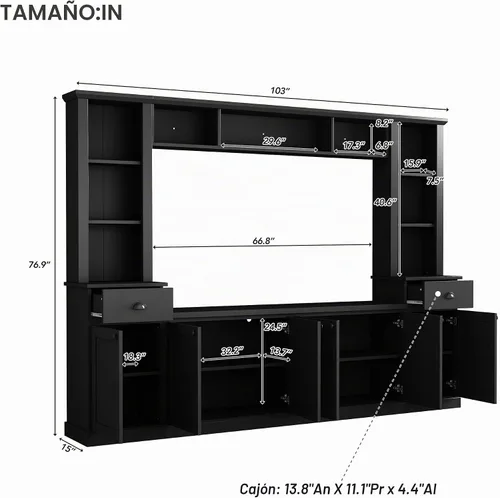 Vista 6 de Merax Minimalist 103" Entertainment Wall Unit Set with Overhead Bridge for TVs Up to 75", Modern Large Media Console with Adjustable Shelves, Ample