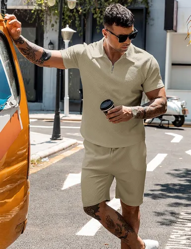 Vista 3 de URRU Conjunto de camisa polo y pantalones cortos para hombre, trajes de verano a la moda, casual, de manga corta, traje de polo para hombre
