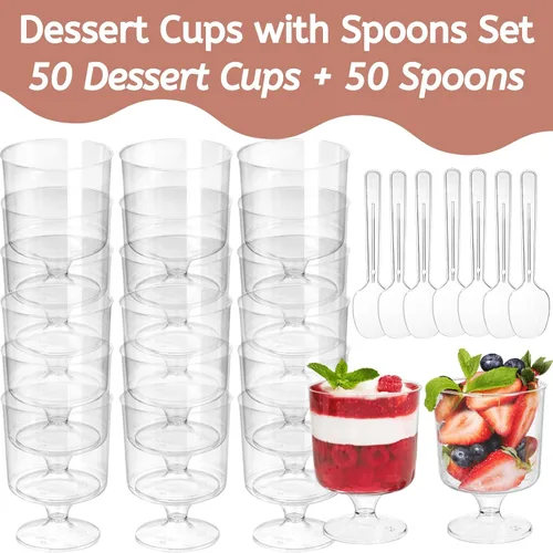 Vista 3 de Youeon Paquete de 50 mini vasos de postre de plástico con cucharas, taza de postre transparente de 5 onzas, tazas pequeñas para postres, aperitivos