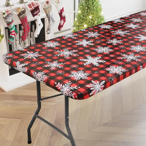 Vista 46 de misaya Mantel rectangular de vinilo, mantel ajustable, 100% impermeable, borde elástico, reverso de franela, mantel de plástico para mesas plegables