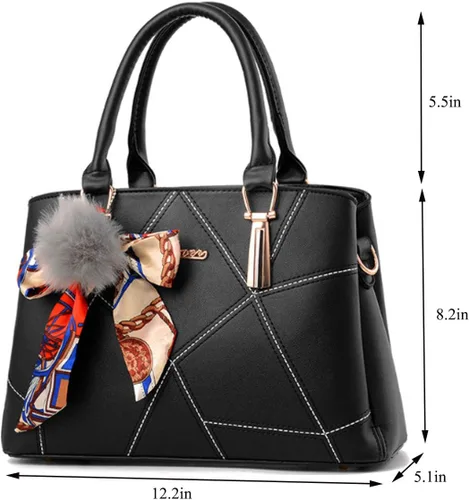 Vista 5 de XingChen Bolsos de cuero para mujer, bolso de hombro con asa superior, con pompón y lazo