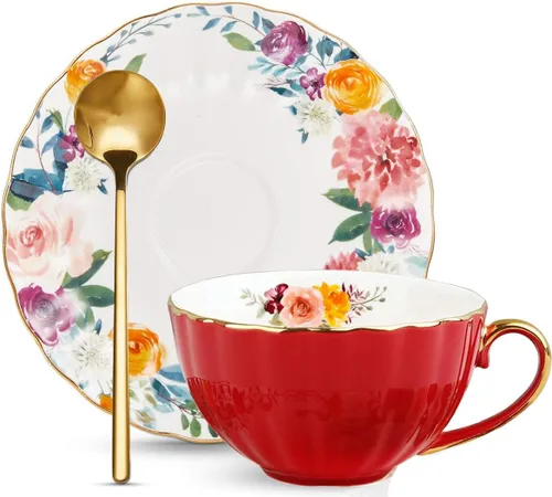 Vista 7 de ONEUSTAR Juego de taza de té y platillo para 1 taza de té floral de porcelana de hueso con cuchara, taza de café de 8 onzas, taza de capuchino latte