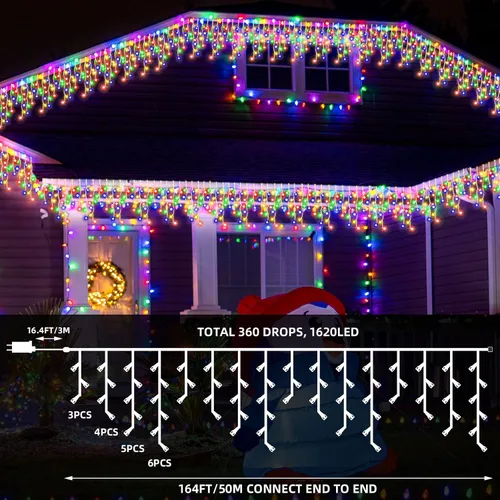 Vista 3 de 164 pies 1620 luces LED de carámbano para exteriores de Navidad al aire libre, cadena de luces de carámbano enchufables, luz colgante de hadas, 8