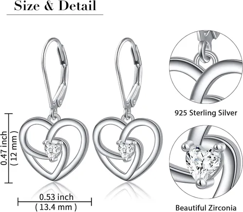 Vista 6 de Aretes de plata fina 925 en forma de corazón colgante para mujeres y niñas.