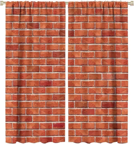 Vista 39 de Cortinas opacas para pared de ladrillo, rústicas, para pared de ladrillo, naranja y rojo, impresión artística para sala de estar, dormitorio