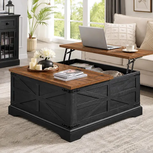 Vista 9 de Farmhouse - Mesa auxiliar cuadrada elevable con gran almacenamiento de 36 pulgadas Mesa de sala de estar de madera con compartimento oculto