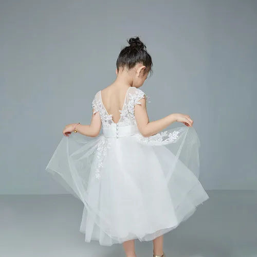 Vista 6 de Vestido de niña de las flores de Navidad con botones drapeados y botones de tul para niños