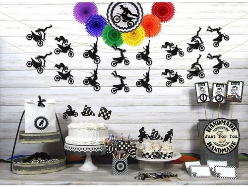 Vista 5 de Cartel temático de motocicleta, guirnalda para fiestas de cumpleaños de hombres o niños, decoración de pared para habitación de fiesta de equitación