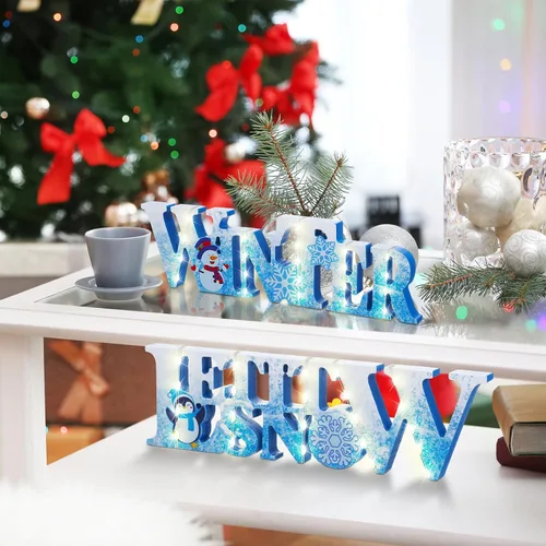 Vista 5 de Jetec 2 Piezas Invierno LED Copos de Nieve Centro de Mesa de Nieve Muñecos de Nieve Madera Señal Iluminada Adorno para Decoración de Bandeja