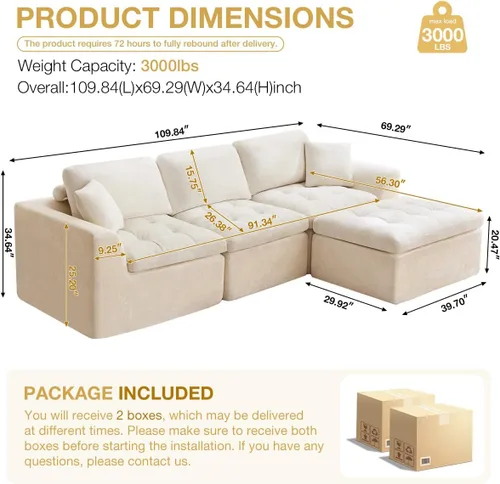 Vista 2 de Sofá modular de nube de 110 pulgadas para sala de estar, sofá modular tapizado en forma de L con otomana móvil, sofá de espuma de asiento profundo