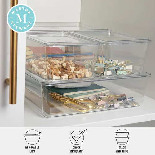 Vista 3 de Martha Stewart Brody - Contenedores organizadores de plástico con tapas para oficina en casa, cocina o baño, paquete de 4, 2 pequeños/1 mediano, 1