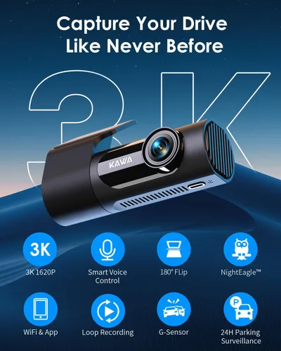Vista 2 de KAWA Dash Cam 2K, cámara WiFi para tablero de automóviles 1440P con control de voz manos libres, visión nocturna, mini cámara frontal oculta