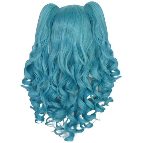 Vista 3 de Anogol Gorro de pelo + peluca larga de cola de caballo rizada azul claro con 2 colas de caballo, peluca azul con flequillo para mujer, peluca