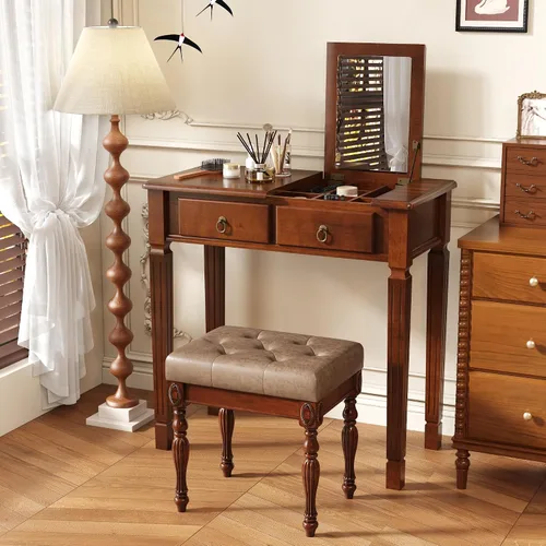 Vista 13 de Escritorio pequeño con juego de taburetes, mesa de tocador de maquillaje con espejo abatible y taburete tapizado, tocadores de madera maciza con 2