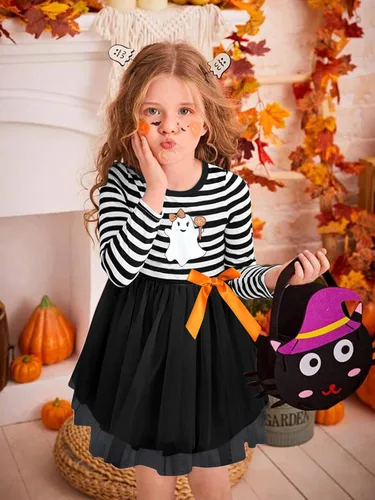 Vista 4 de Vieille Vestido de tul de Halloween para niñas pequeñas, de manga larga, calabaza, princesa, fiesta, faldas a rayas, ropa de 2 a 6 años