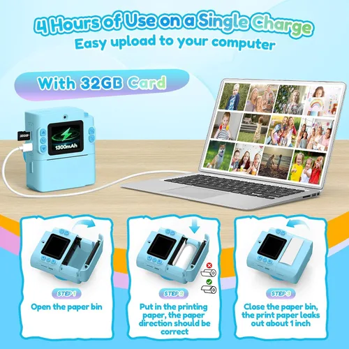 Vista 8 de Cámara para niños Impresión instantánea: Juguetes para niños y niñas, cámara digital que imprime fotos, regalo de cumpleaños de doble lente