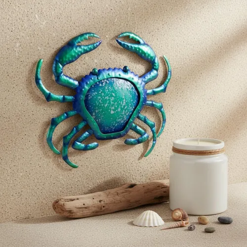 Vista 5 de Comfy Hour Decoración de pared de cangrejo de metal azul de 12 pulgadas, escultura temática náutica del océano, arte costero decorativo para playa