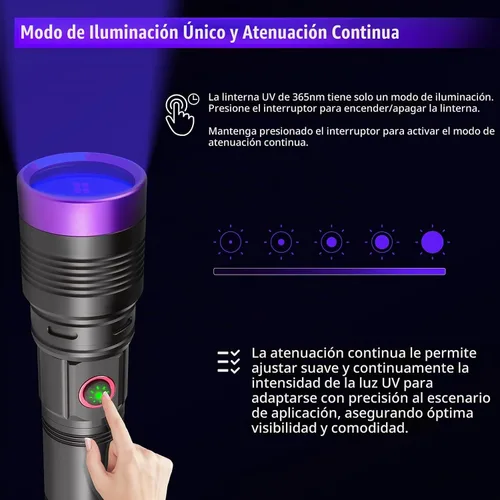 Vista 12 de 365nm linterna UV recargable negro luz linterna foco ajustable