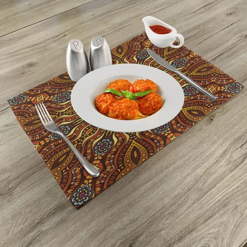 Vista 2 de Ambesonne Juego de 4 manteles individuales étnicos, diseño de mosaico de colores cálidos con estampado de remolinos florales, manteles individuales