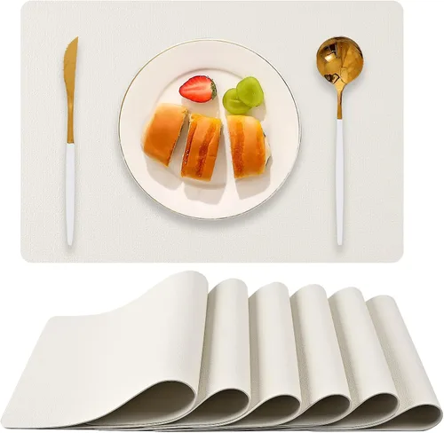 Vista 10 de Juego de 6 manteles individuales de piel sintética (beige) Heat Resistant Wipeable Washable Place Mats, Waterproof Anti-Slip Dining Table Mats