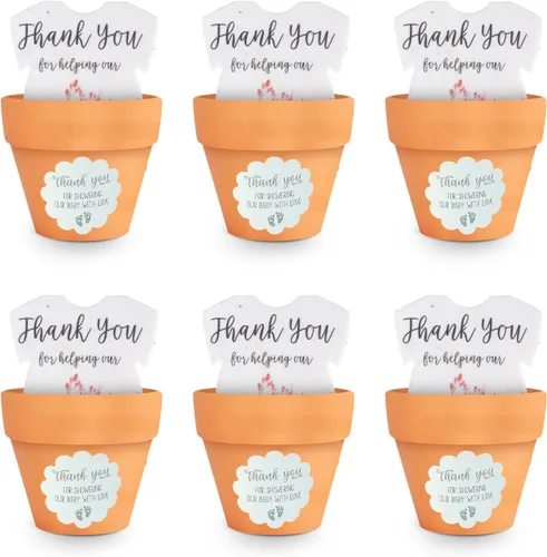 Vista 11 de Juego de 6 semillas de papel – 6 mamelucos verdes y 6 macetas naranjas con calcomanías para baby shower, revelación de género, cumpleaños, día