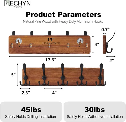Vista 5 de Perchero de madera rústica con 5 ganchos, soporte de pared resistente para colgar chaquetas (marrón)