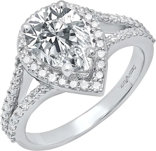 Vista 10 de Dazzlingrock Collection Anillo de compromiso con forma de lágrima y diamante blanco natural redondo de 0.45 quilates con halo de diamantes blancos
