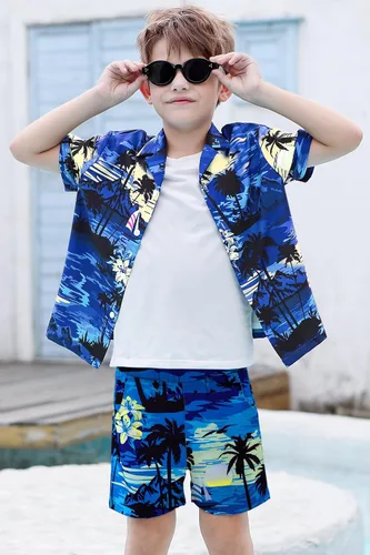 Vista 4 de SANGTREE Traje hawaiano corto de verano para niños, camisa con botones + camiseta blanca + pantalones cortos, 3 meses a 9 años