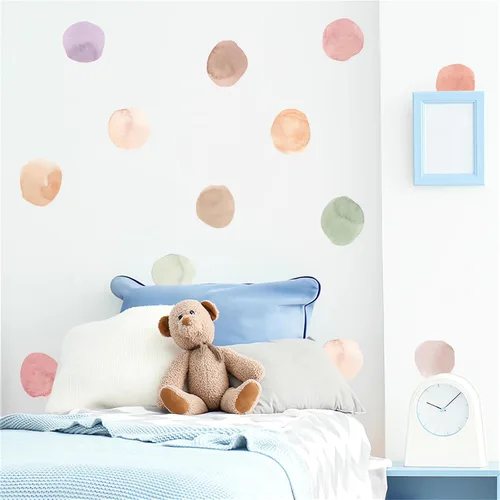 Vista 4 de 6 hojas de 72 calcomanías de pared de lunares de acuarela colorida, calcomanías de pared de arte de arco iris, vinilo extraíble para niños Colorido