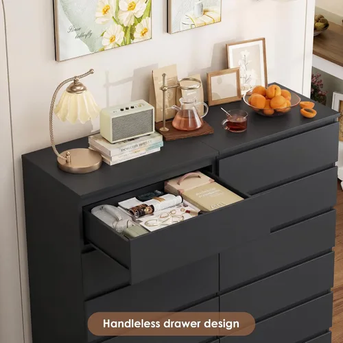 Vista 8 de FOTOSOK Cómoda Negra, Cómoda de 6 Cajones, Cómoda Alta y Moderna Negra de Almacenamiento Cajonera de Madera con Riel Deslizante de Metal, Gabinete