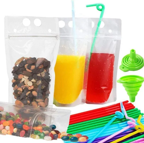 Vista 10 de 100 bolsas de doble cremallera para bebidas con 100 popotes y 30 bolsas de paletas plegables de mano resistentes para batidos, bebidas frías