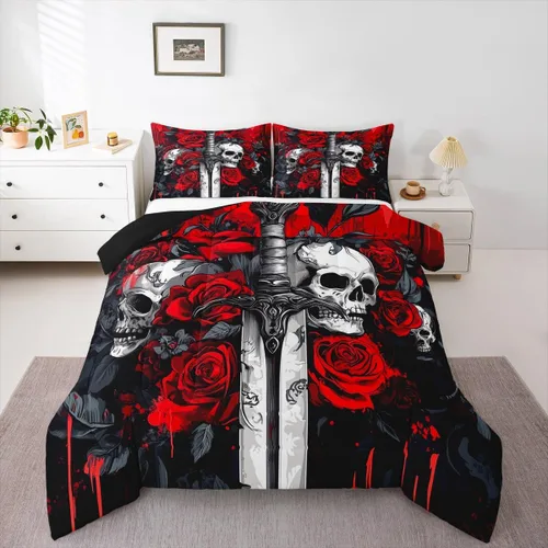 Vista 22 de Juego de edredón de polilla de la muerte, juego de ropa de cama tamaño individual, diseño de calavera gótica, flores botánicas, juego de edredón