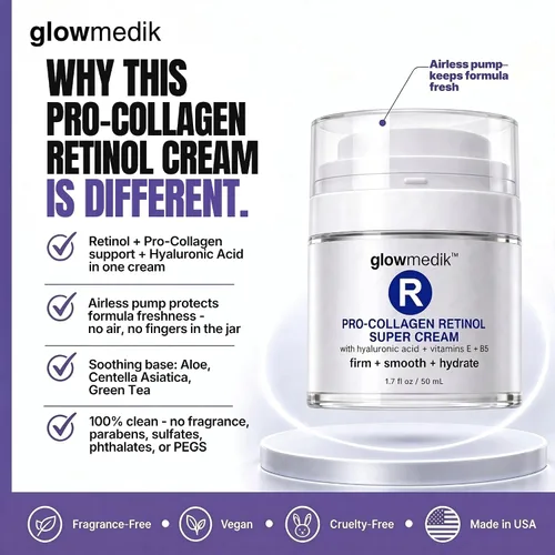 Vista 6 de Glowmedik Crema de retinol para la cara, hidratante antienvejecimiento para piel envejecida y arrugas profundas, fórmula antiarrugas con colágeno