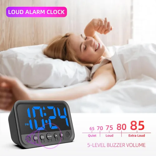 Vista 2 de Pequeño reloj digital LED para dormitorio, reloj despertador fuerte para adultos y adolescentes que duermen mucho Reloj de escritorio eléctrico
