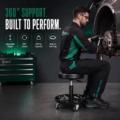 Vista 3 de SATA Taburete ajustable con ruedas, silla mecánica resistente de 300 libras de capacidad, taburete de garaje rodante para trabajo sentado, asiento