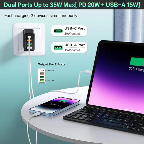 Vista 4 de [Paquete de 4] Cargador de pared USB-C, adaptador de corriente rápido 3.0+PD 3.0 de 35 W y 4 puertos