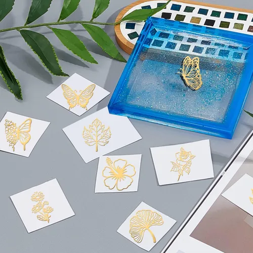 Vista 3 de OLYCRAFT 9 Piezas de Pegatinas de Orgonita, Pegatina de Mariposa, Hoja de Flor, Pegatinas Decorativas Autoadhesivas, Pegatinas de Metal Dorado