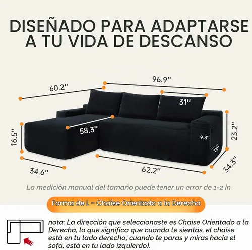 Vista 2 de Sofá seccional negro de 96.9 pulgadas, sofá modular de pana sin hueso con resortes y espuma de alta resistencia, asiento profundo compacto de gran