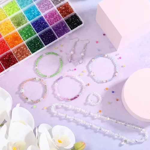 Vista 7 de PAXCOO 5600 Piezas de Cuentas de Cristal para Hacer Joyería, Pequeñas Cuentas de Acrílico Facetadas para Manualidades, Cuentas Bicónicas de Gema