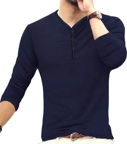 Vista 4 de MLANM Camiseta básica Henley de algodón de manga corta y larga para hombre