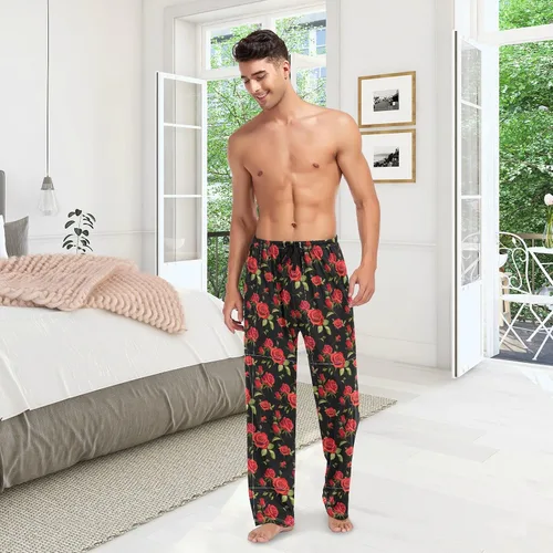 Vista 7 de Pantalones de pijama de flamenco floral para hombre, pantalones de descanso casuales para hombre, pantalones de pijama con bolsillos con cordón